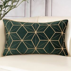 Luxury Green And Gold Embroidered Pillow Cover With Geometric Design 12” X 20”